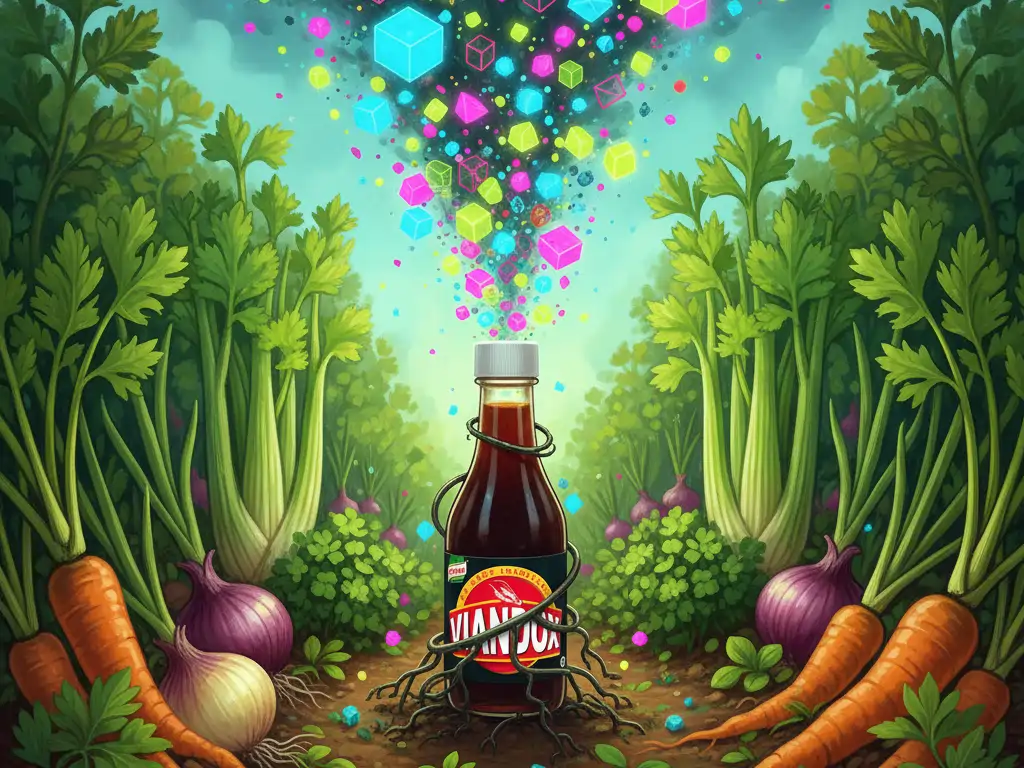 Bouteille de sauce brune au milieu d’un potager, entourée de particules colorées symbolisant les additifs alimentaires.