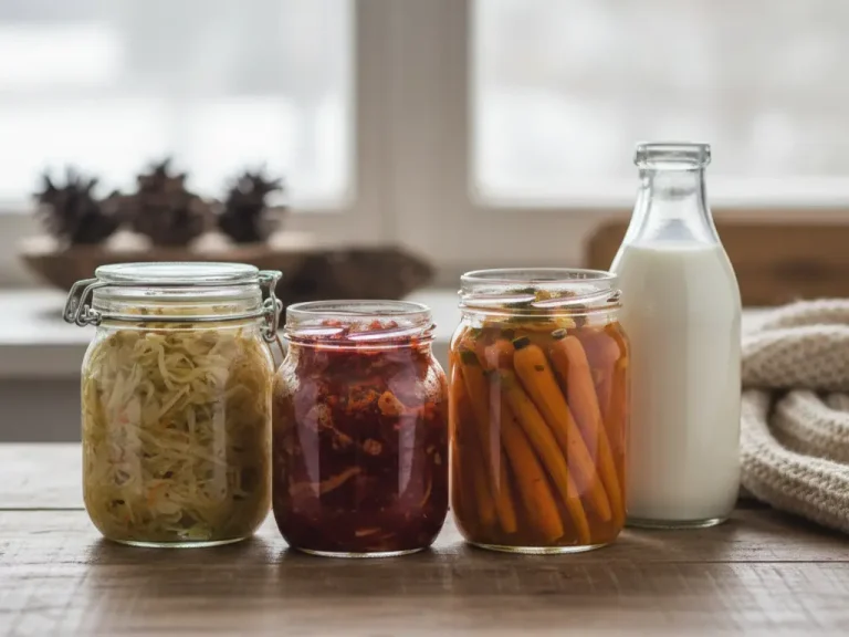 Trois bocaux de légumes fermentés (choucroute, chou rouge, carottes) et une bouteille de kéfir de lait posés sur une table en bois devant une fenêtre givrée en hiver.