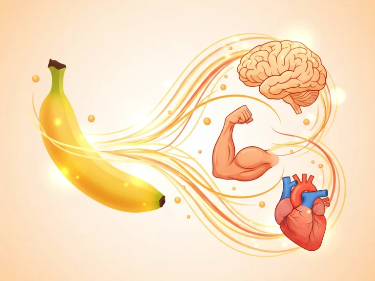 Illustration montrant une banane fournissant de l’énergie au cerveau, aux muscles et au cœur.