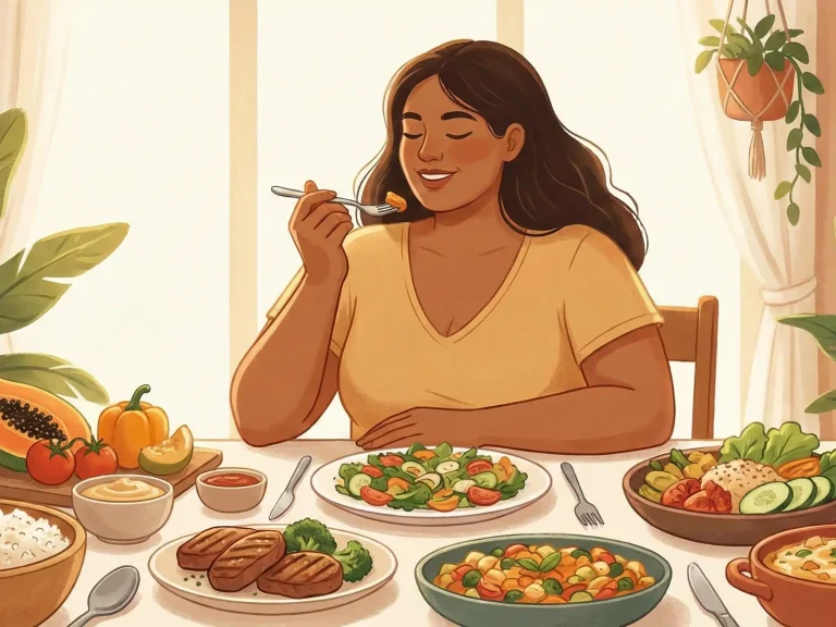 Femme mangeant un repas équilibré avec plaisir, illustrant une approche bienveillante de l’alimentation sans régime restrictif.