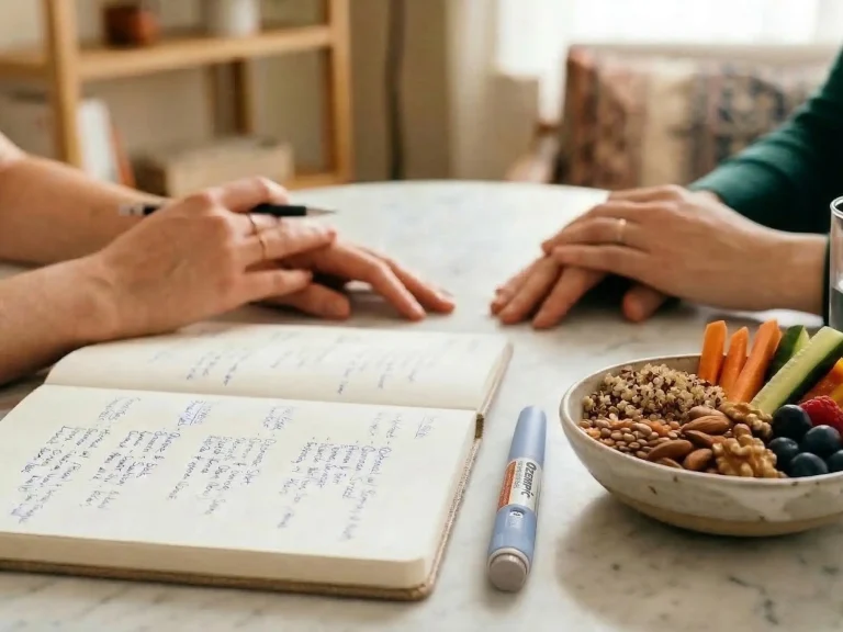 Consultation diététique avec un carnet de suivi alimentaire, un stylo injectable Ozempic et un bol d'aliments sains sur une table