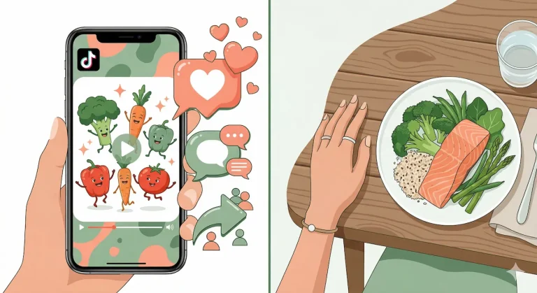 Illustration en deux parties : à gauche un smartphone affichant des légumes animés sur TikTok avec des likes, à droite une main posée sur une assiette équilibrée avec saumon, brocoli, quinoa et asperges