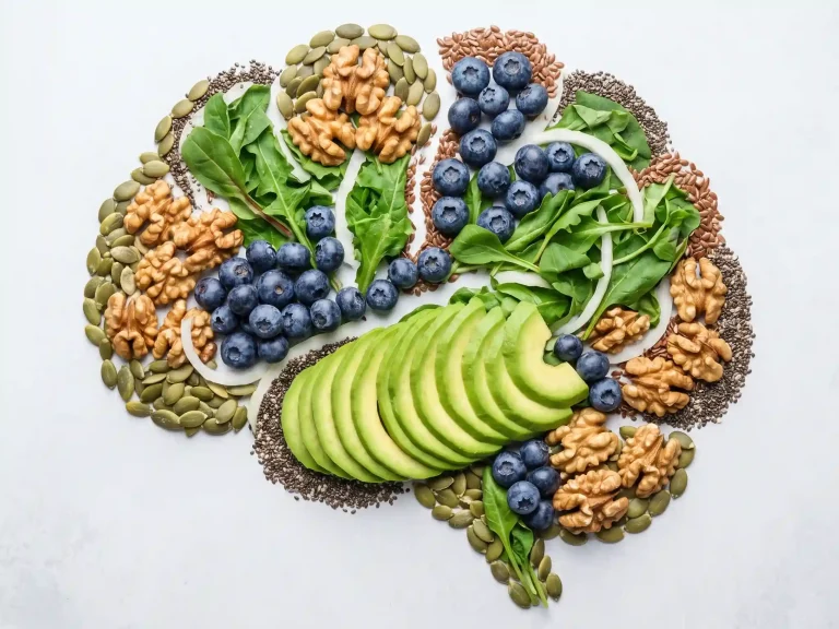 Forme de cerveau constituée d'aliments bruts : myrtilles, noix, avocat, épinards, graines de chia et graines de lin